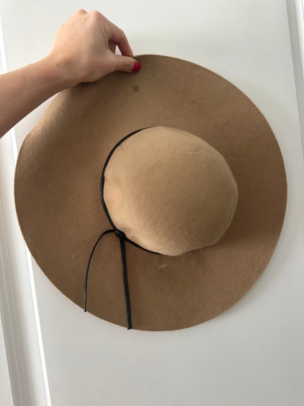 Felt Wide Brim Floppy Hat - Tan with Black Ribbon